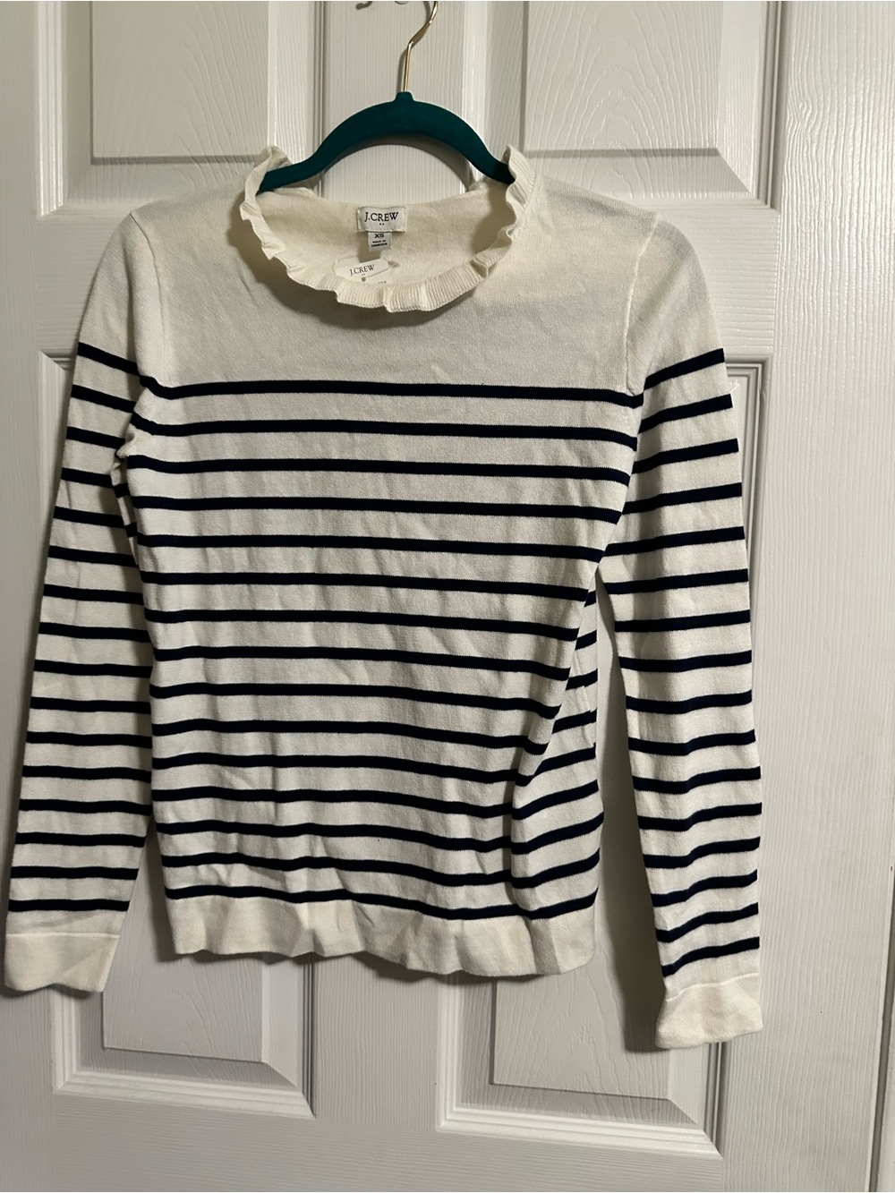 J. Crew Cream and Navy Striped Ruffleneck Sweater NWT XS - Picture 2 of 8